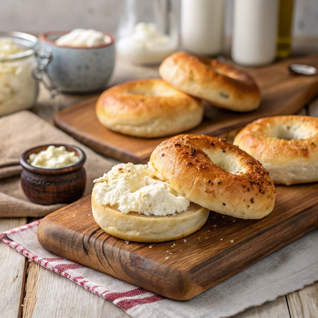 3 Ingredient Cottage Cheese Bagel Recipe – Quick & Healthy Bake 6 Freshly baked 3 ingredient cottage cheese bagel recipe on wooden board