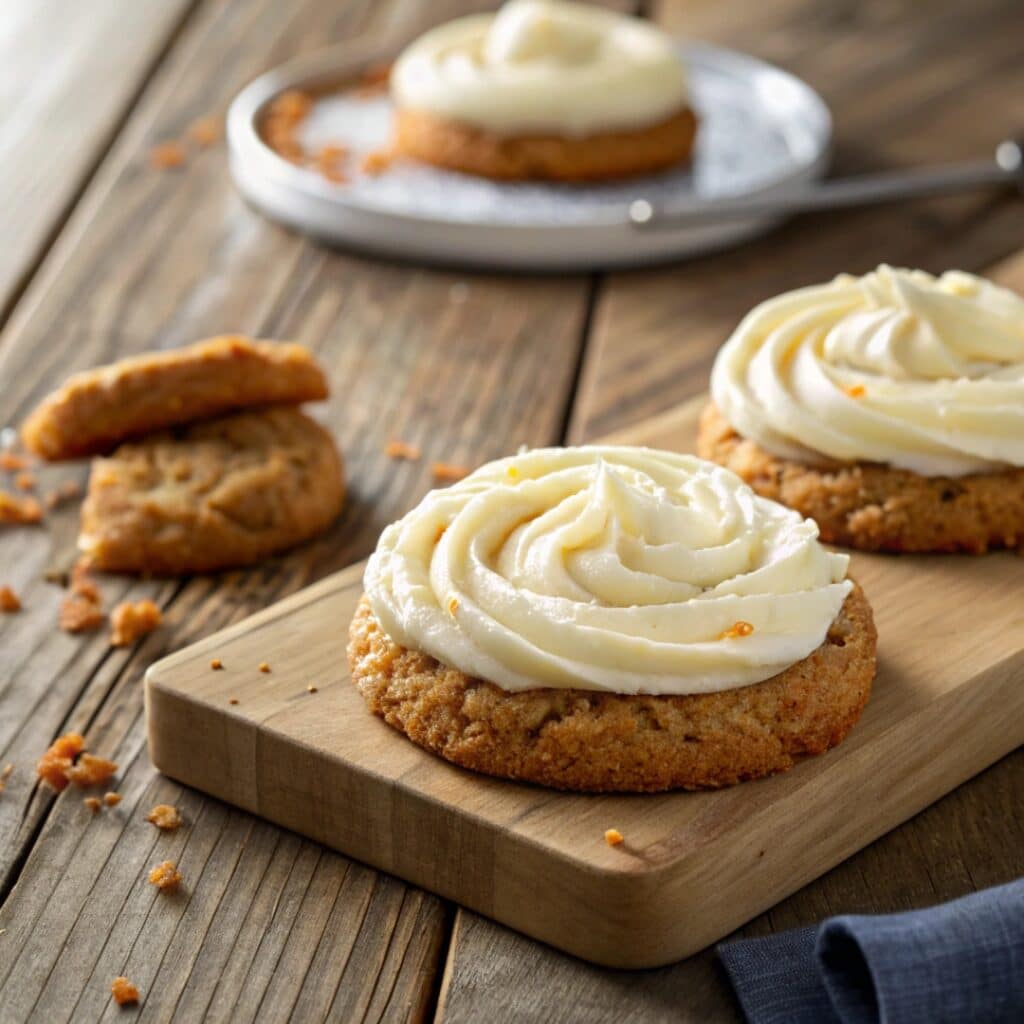 Crumbl Cookie Carrot Cake: Soft, Spiced, and Frosted to Perfection 5 Crumbl cookie carrot cake with cream cheese swirl on a rustic wooden table