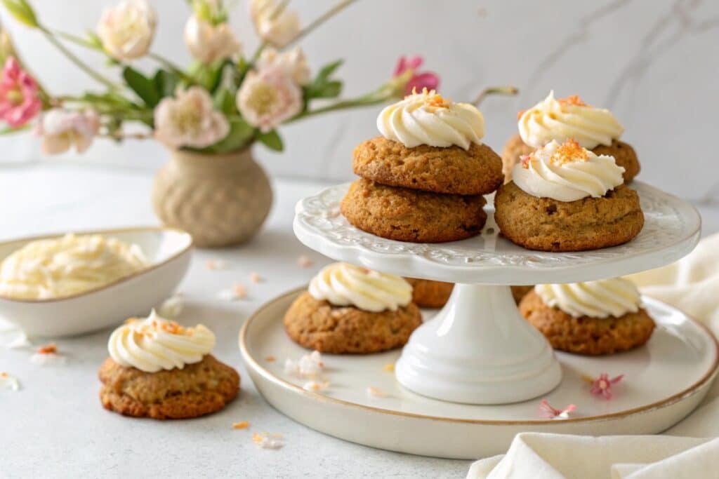 Carrot Cake Cookies Recipe: Soft, Spiced, and Easy to Frost Perfectly 10 Frosted carrot cake cookies on serving tray