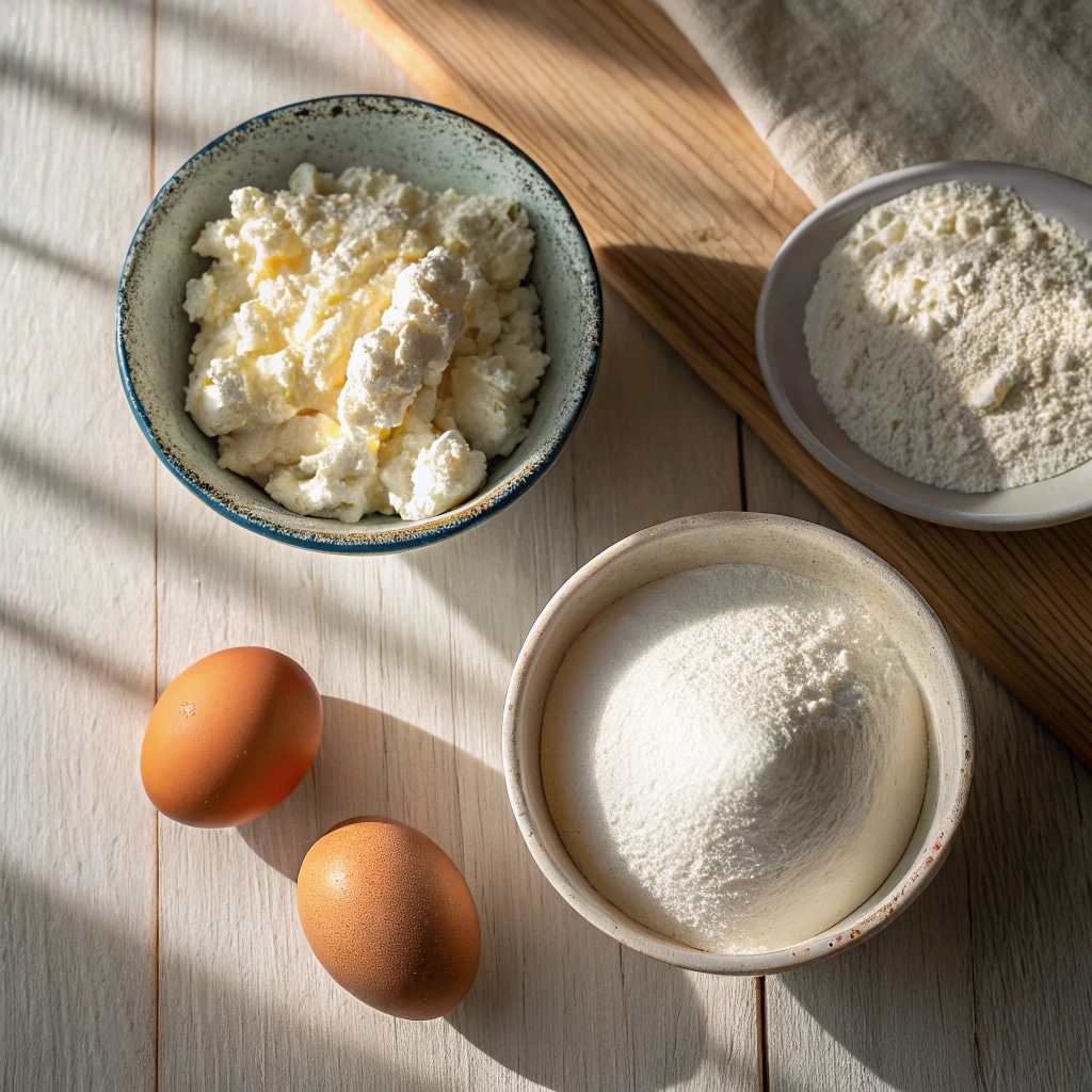 3 Ingredient Cottage Cheese Bagel Recipe – Quick & Healthy Bake 7 Cottage cheese, flour, and egg laid out for bagel recipe