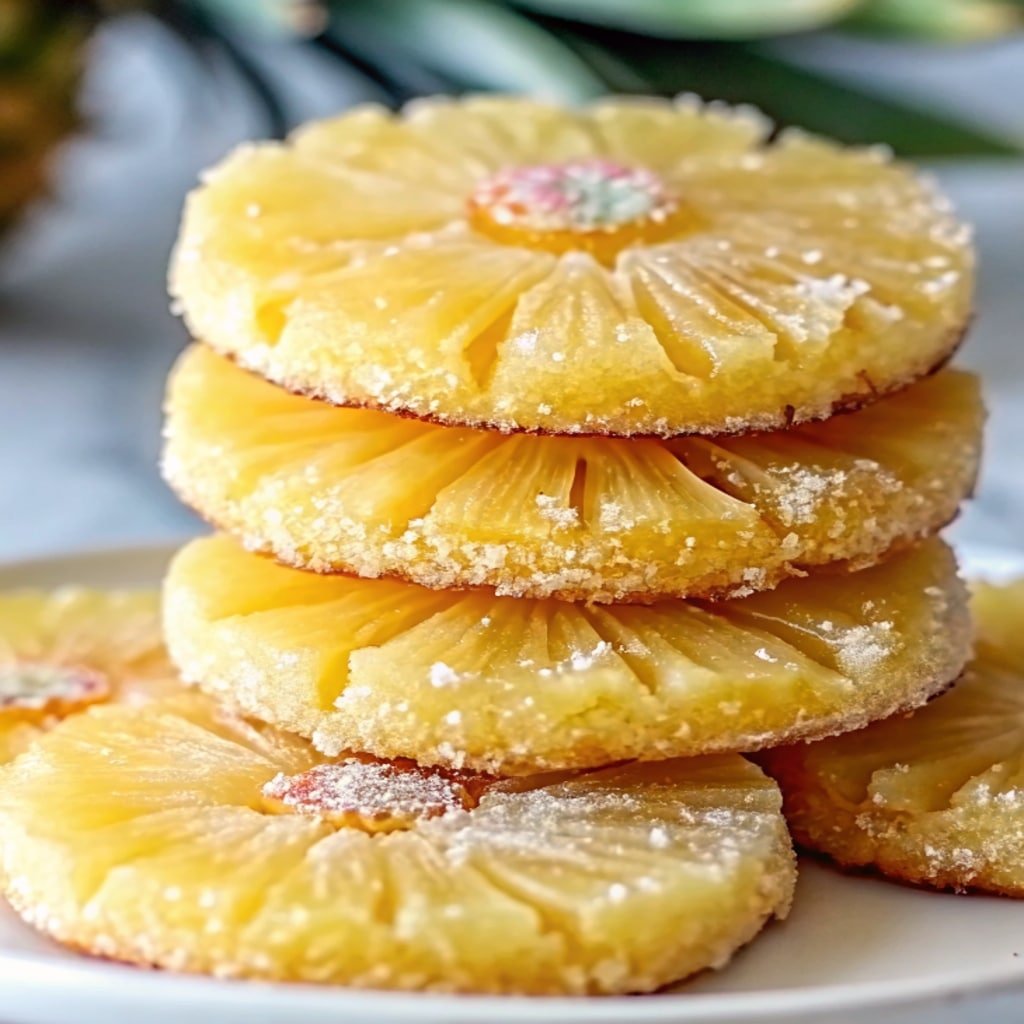 pineapple upside sugar cookies stacked on a plate
