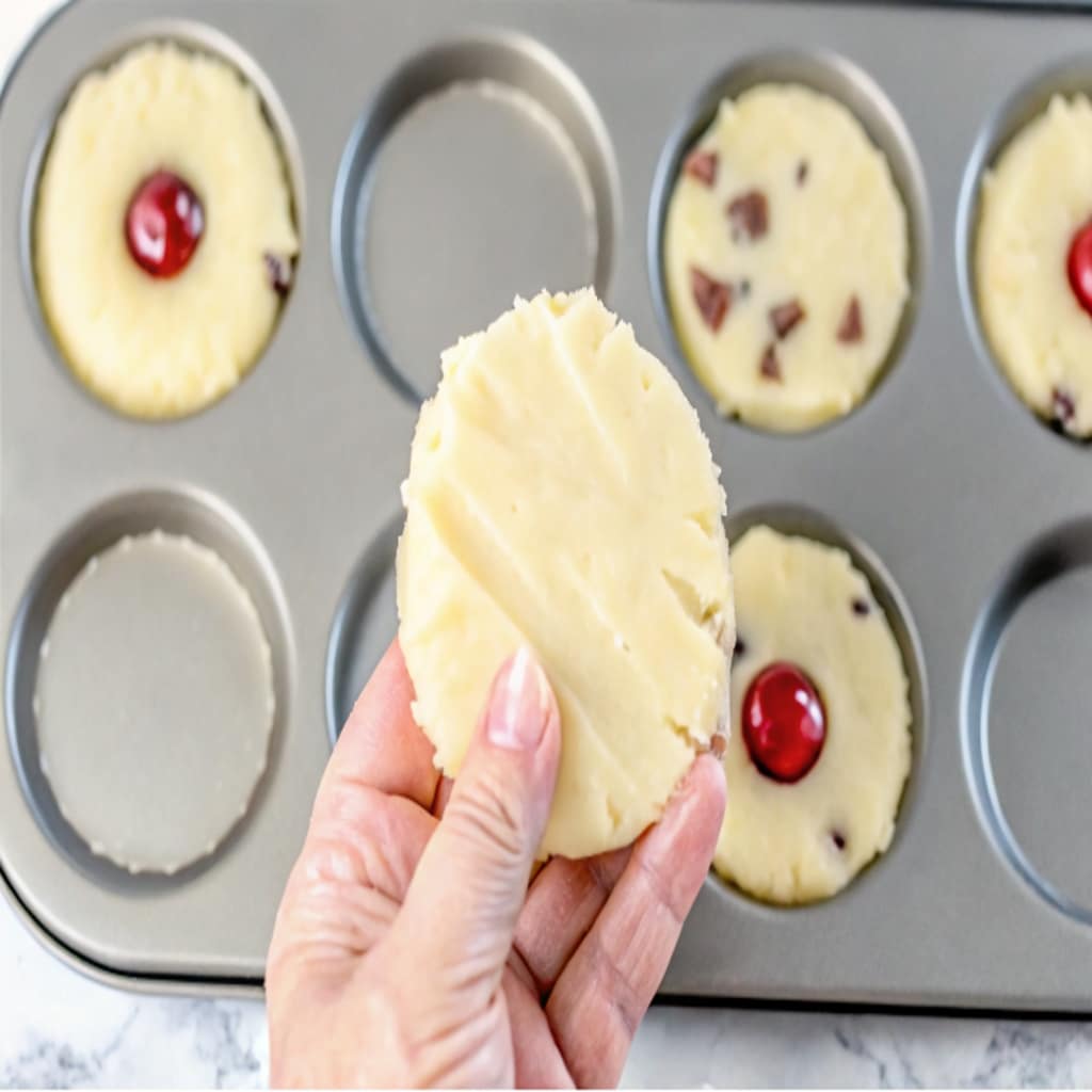 Pineapple Upside Sugar Cookies: A Sweet, Chewy Tropical Treat 9 muffin tin with pineapple and cookie dough for upside sugar cookies