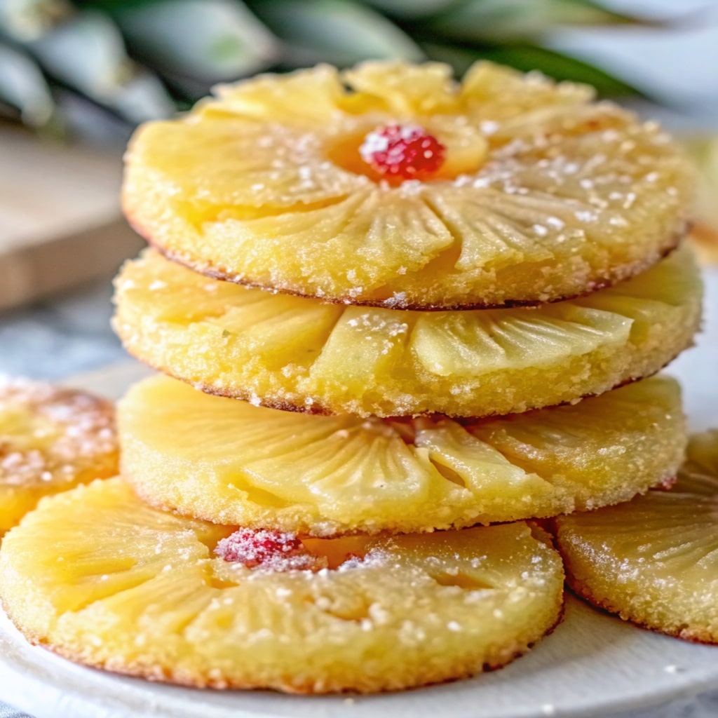 Pineapple Upside Sugar Cookies: A Sweet, Chewy Tropical Treat 6 pineapple upside sugar cookies stacked on a plate