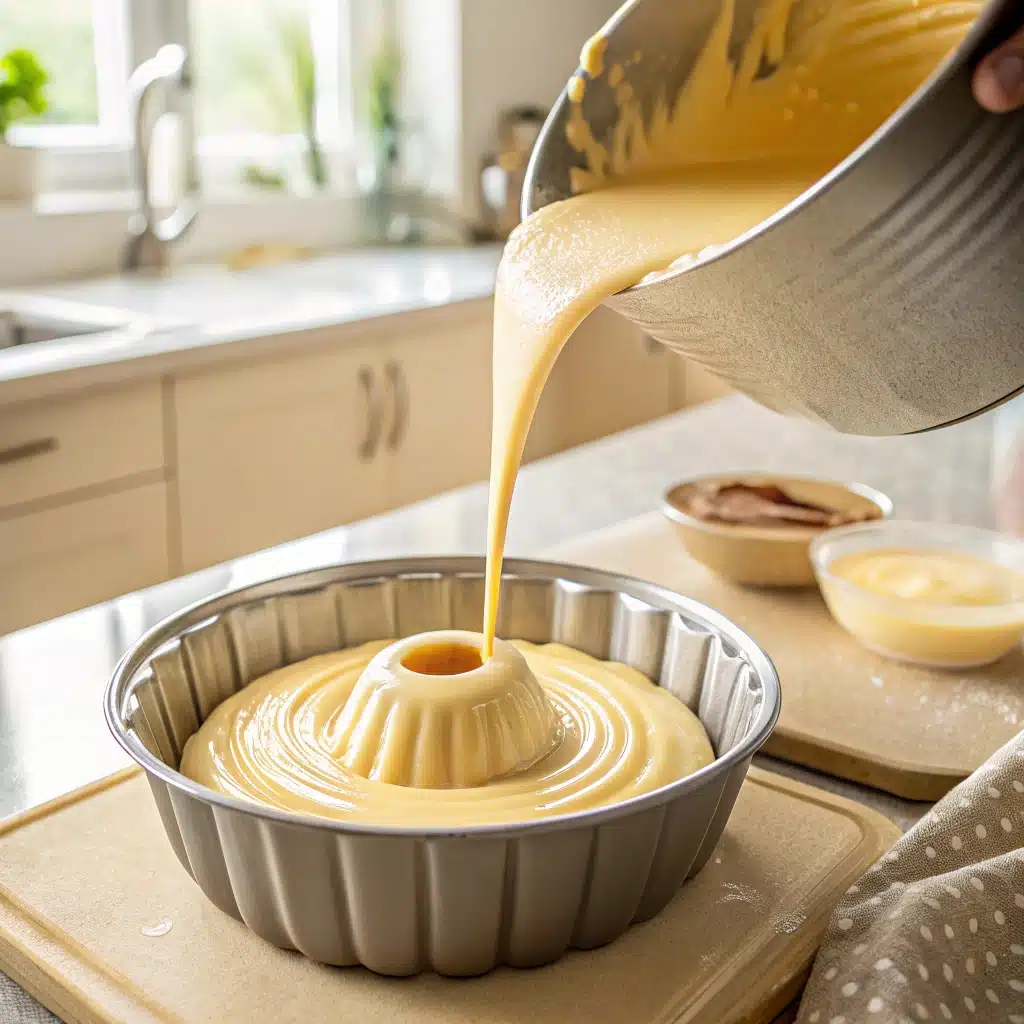 Pineapple Juice Cake Recipe with Cake Mix: The Ultimate Tropical Dessert Hack pineapple juice cake recipe with cake mix Pouring pineapple cake batter into Bundt pan