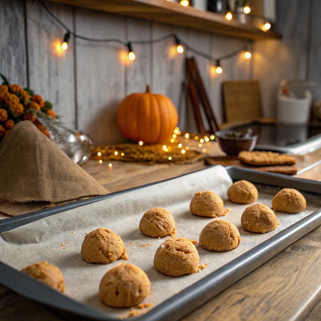 The Best Pumpkin Cookies Recipe for Every Craving 10 Scooped pumpkin cookie dough balls lined up on a parchment-lined baking sheet