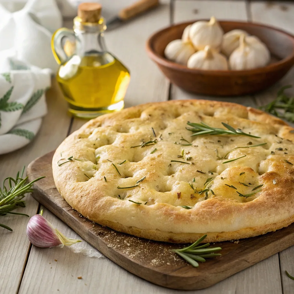 Freshly baked focaccia bread with garlic and rosemary