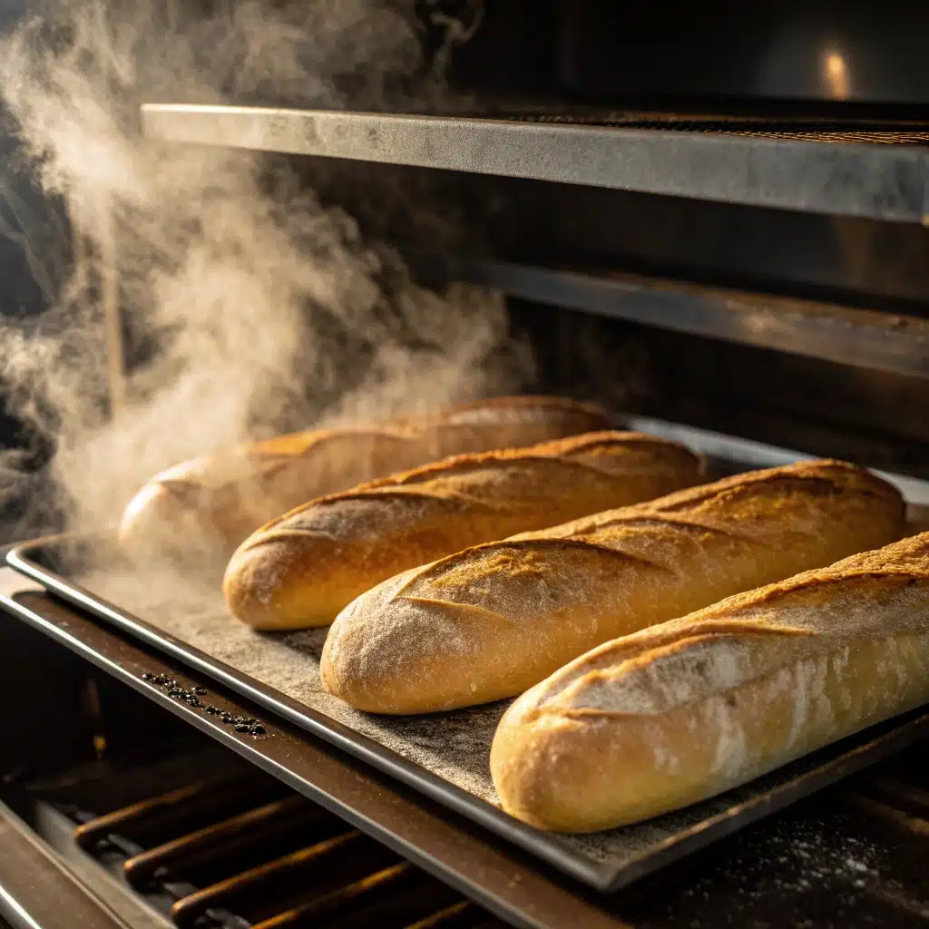 Sourdough baguette baking inside home oven