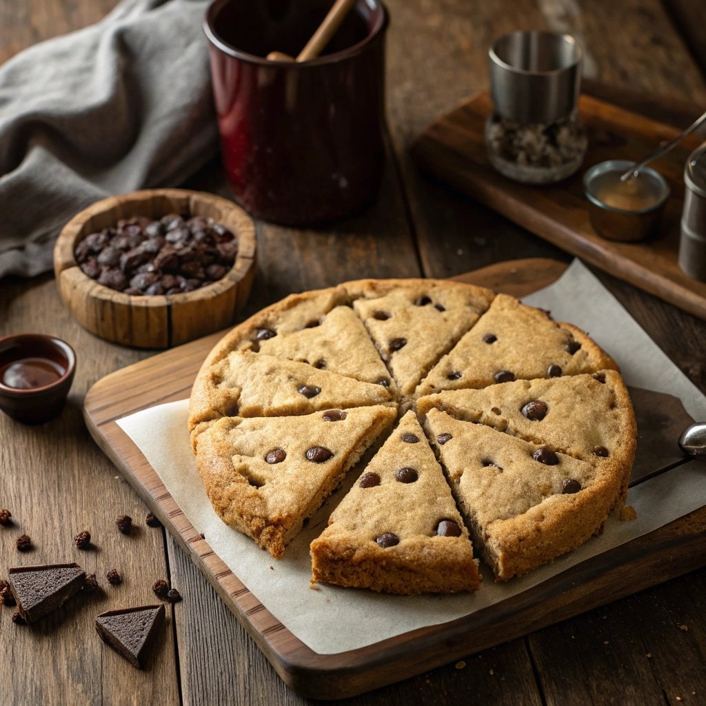 chocolate chip cookie cake on rustic table