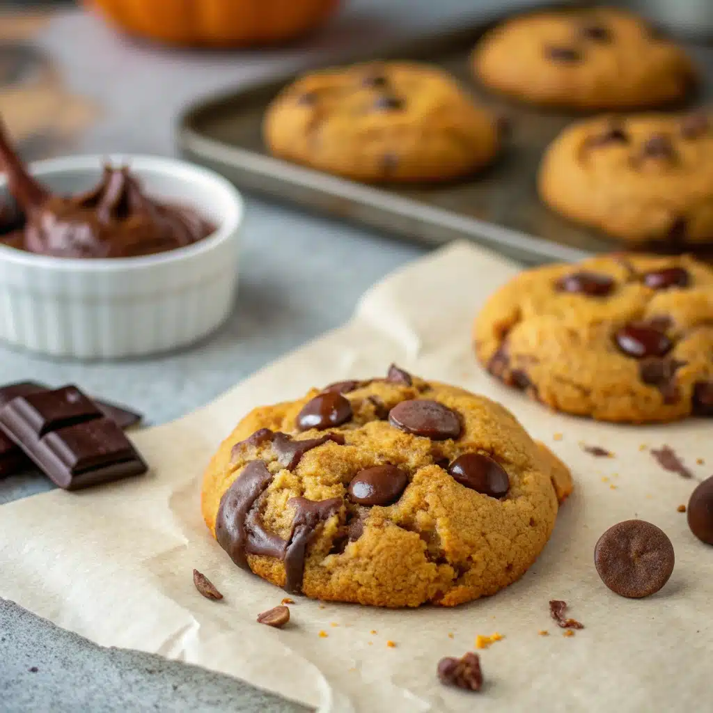 Chocolate chip pumpkin cookies on rustic parchment