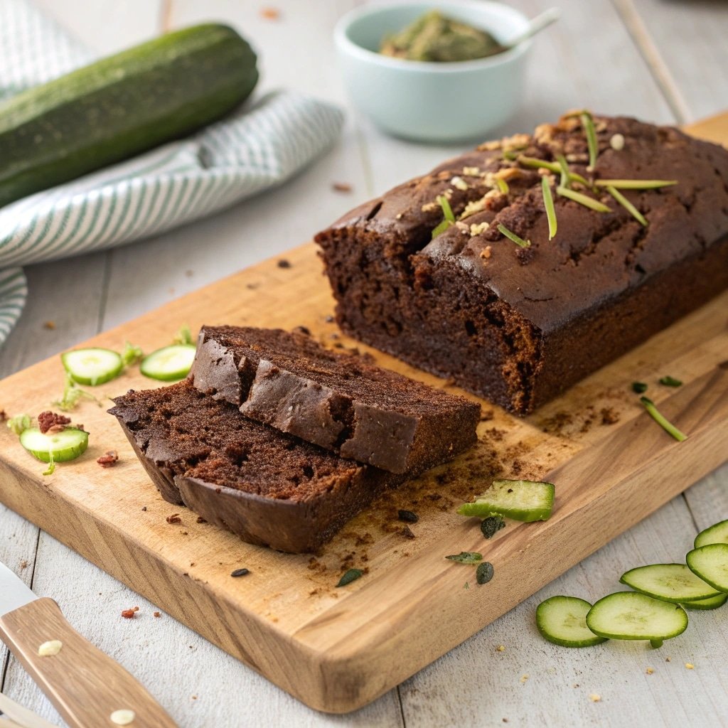 Chocolate zucchini bread loaf sliced with fudgy texture and zucchini flecks