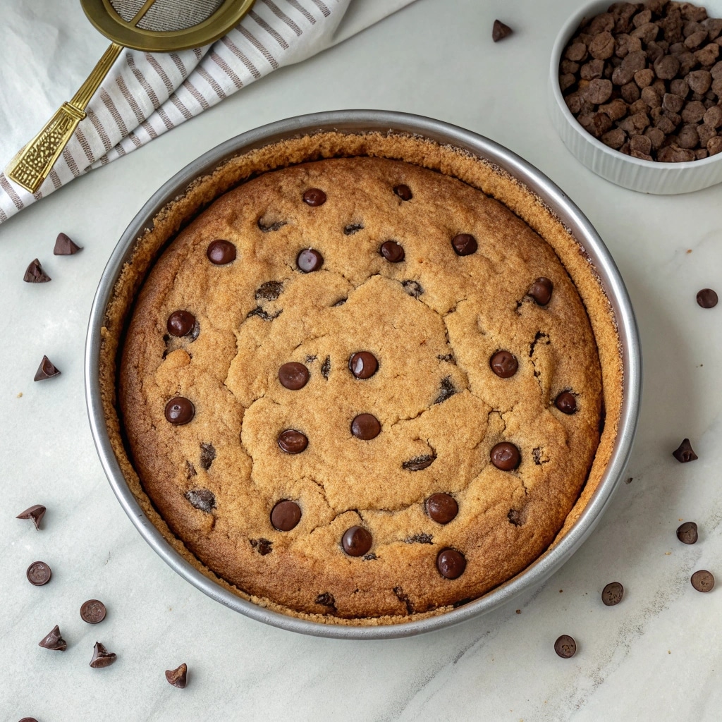 Chocolate Chip Cookie Cake Recipe – The Ultimate Homemade Guide 6 baked chocolate chip cookie cake in pan
