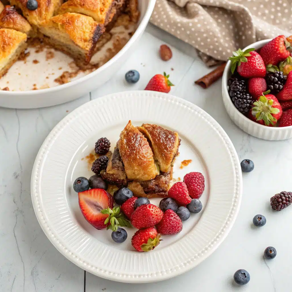 Serving of croissant Nutella bread pudding with berries