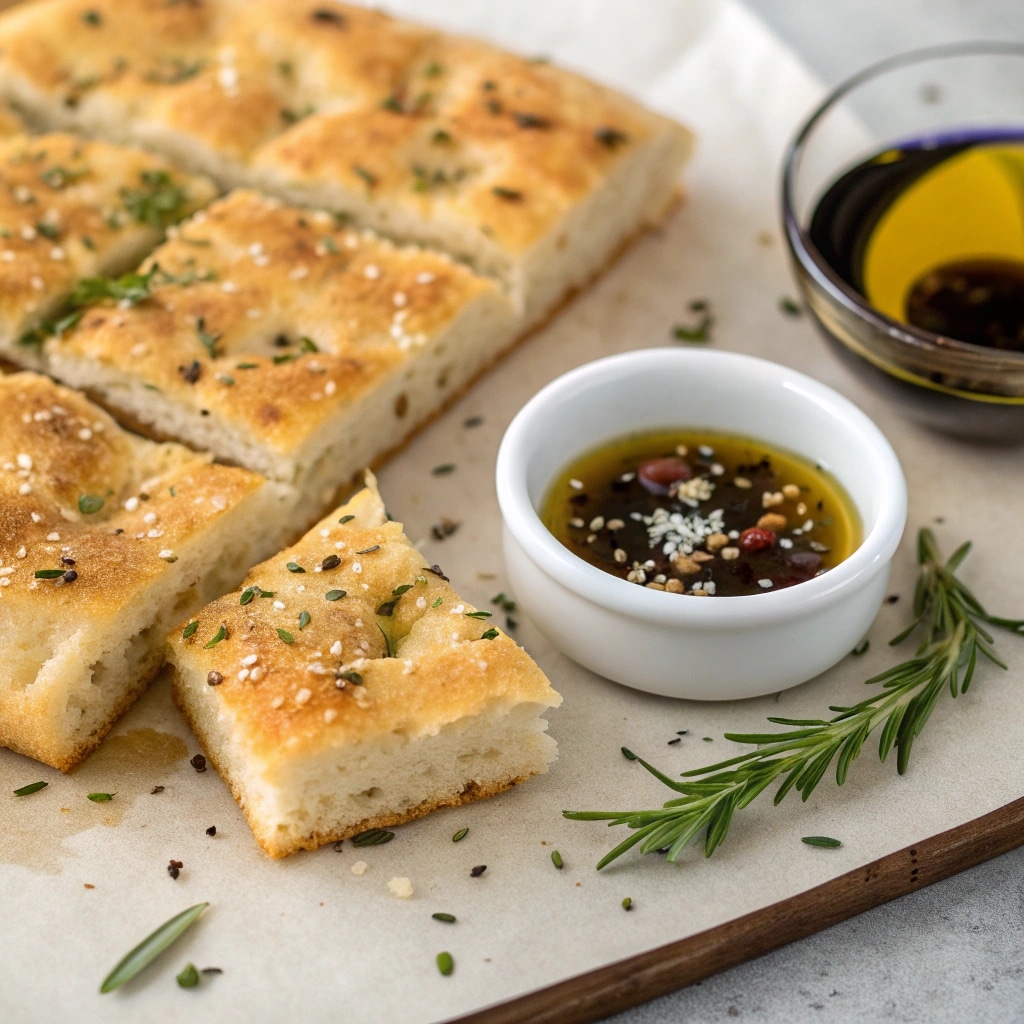 Simple Focaccia Bread – Easy, No-Knead & Beginner-Friendly 8 Focaccia bread served with olive oil dip