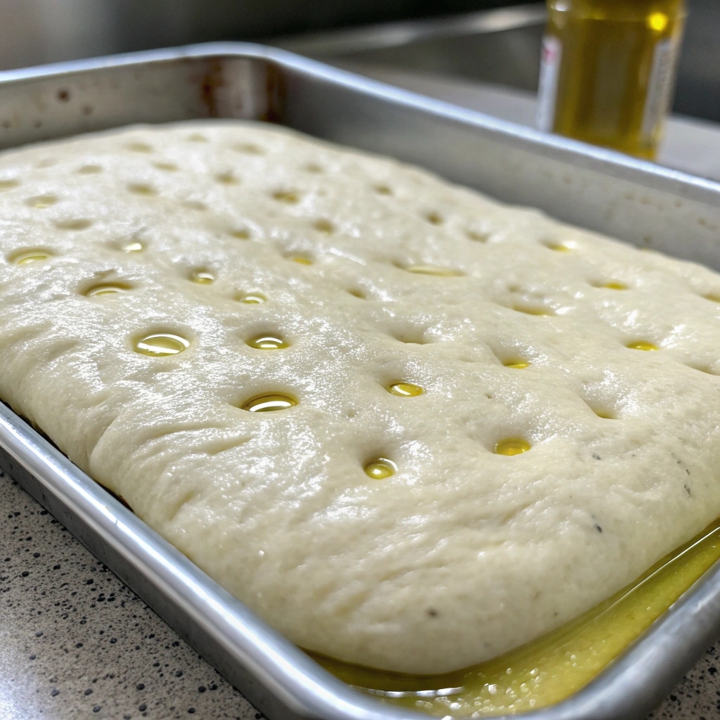 Simple Focaccia Bread – Easy, No-Knead & Beginner-Friendly 10 Focaccia bread dough in pan with dimples