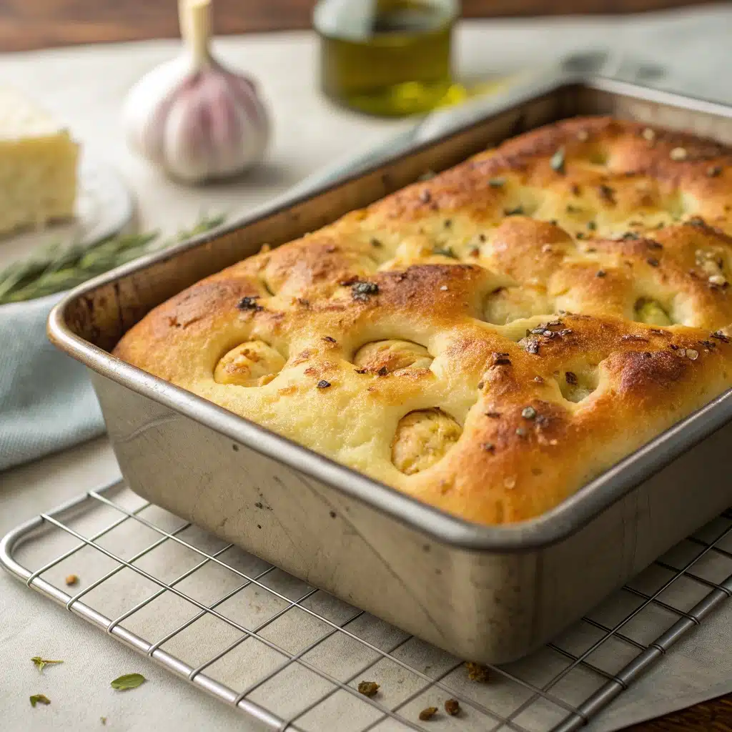 focaccia bread with garlic fresh out of oven
