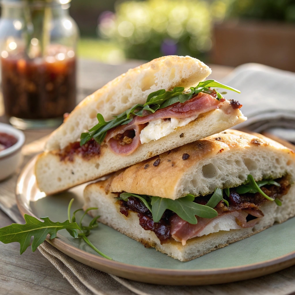Focaccia Sandwiches – Easy Ideas, Fillings & Meal Prep Tips 9 Italian focaccia sandwich with prosciutto, arugula, brie, and fig jam.