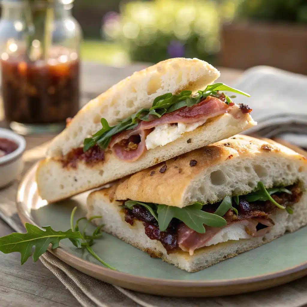 Focaccia Sandwiches – Easy Ideas, Fillings & Meal Prep Tips focaccia sandwiches Italian focaccia sandwich with prosciutto, arugula, brie, and fig jam.