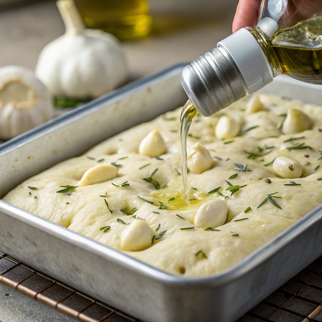 Focaccia Bread with Garlic – Crispy, Fluffy & Packed with Flavor 7 Garlic cloves in focaccia dough before baking