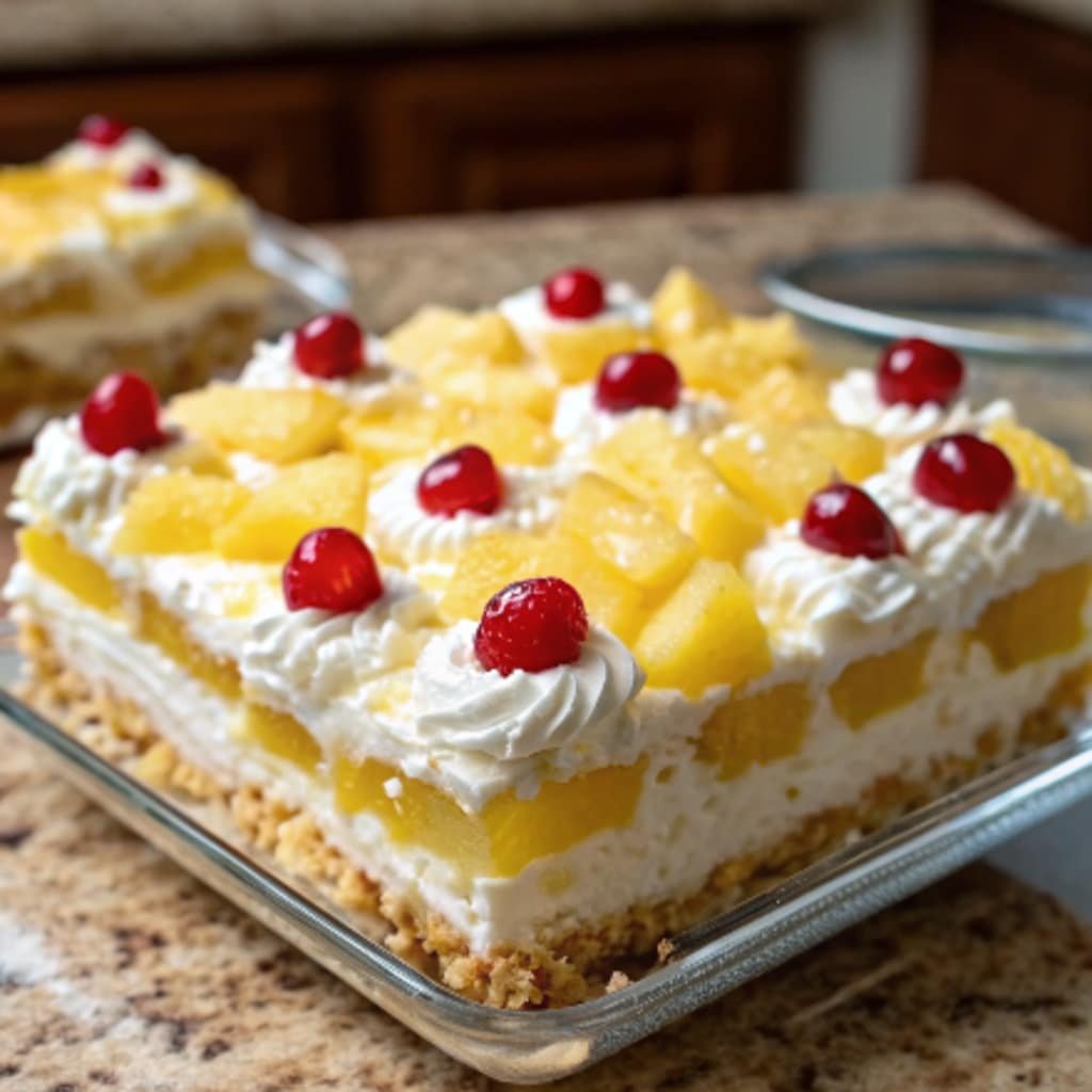 juicy pineapple heaven cake fresh from oven with whipped topping