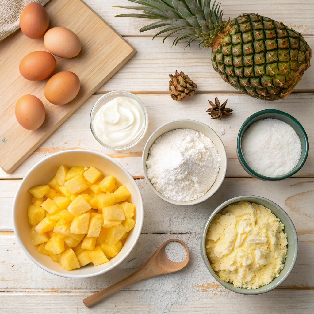 Juicy Pineapple Heaven Cake – Moist, Tropical & Irresistible 9 juicy pineapple heaven cake ingredients on kitchen counter