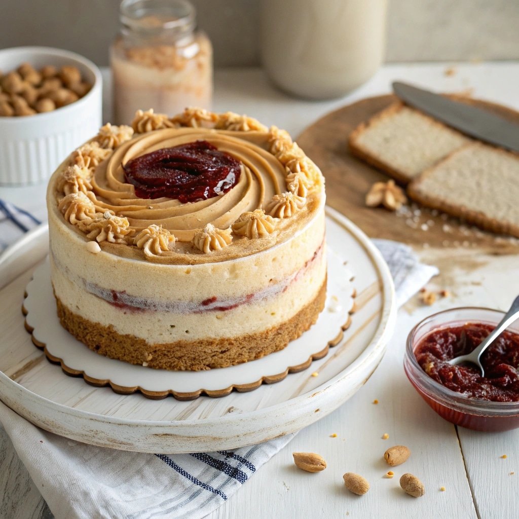 peanut butter and jam cake with creamy frosting