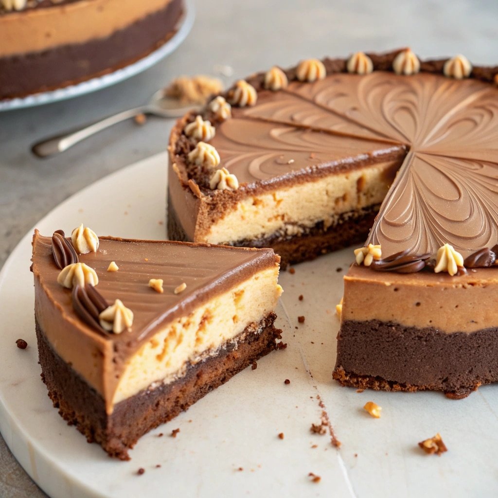 Peanut butter chocolate cake cheesecake sliced close-up
