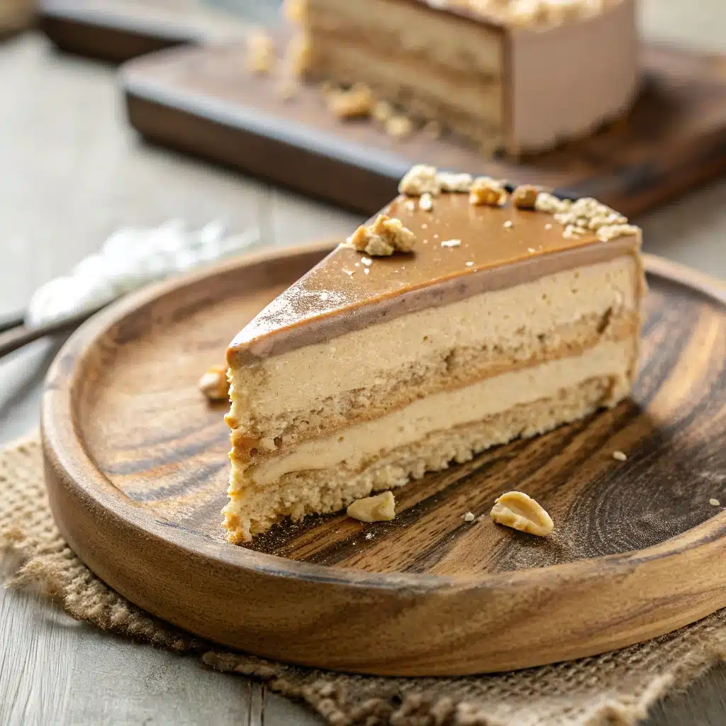Peanut butter cream cake filling between moist cake layers