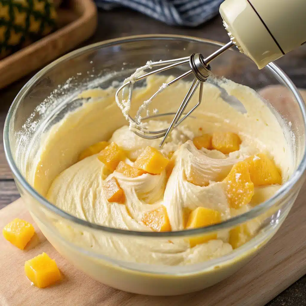 mixing pineapple heaven cake batter with pudding