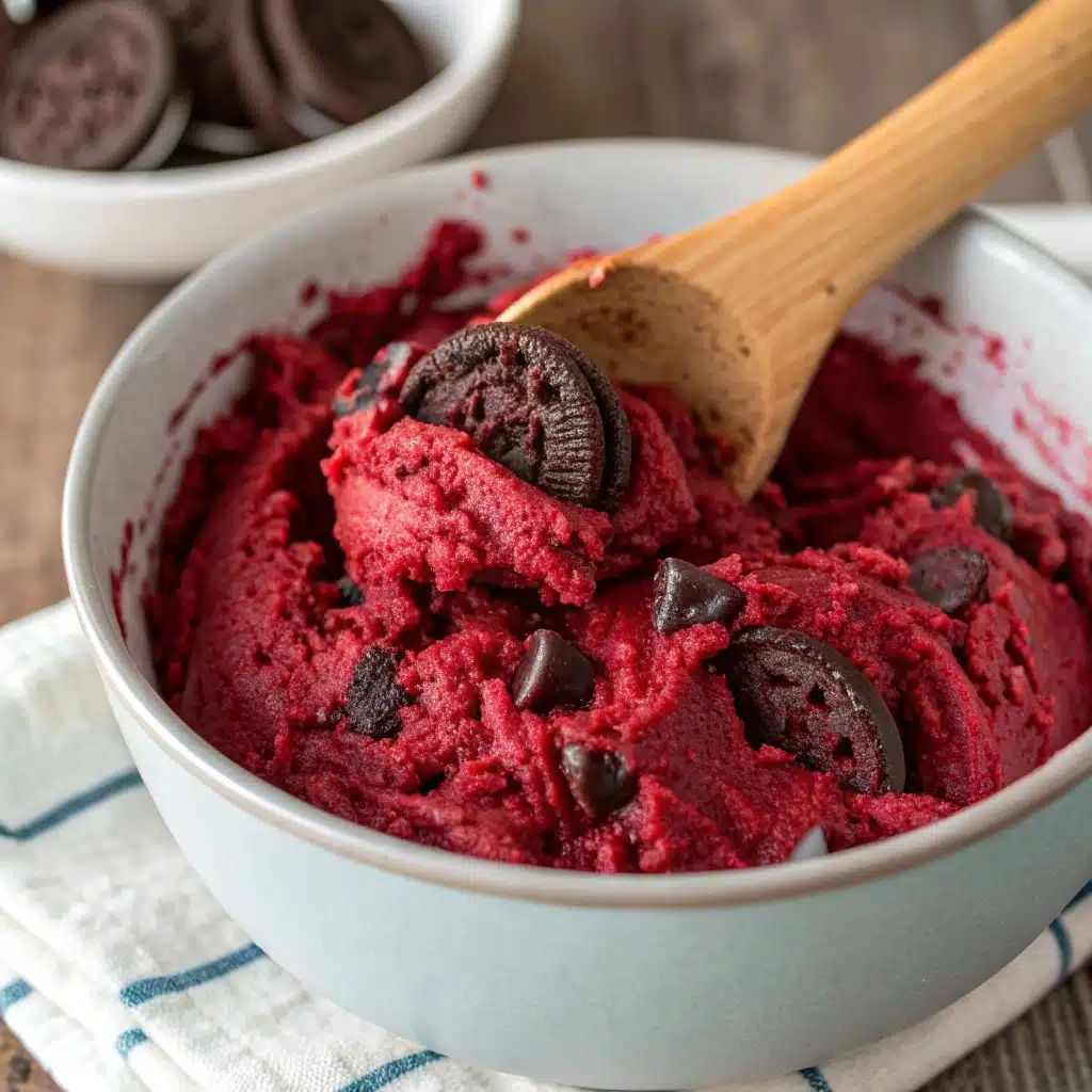 Red velvet Oreo cookie dough being mixed