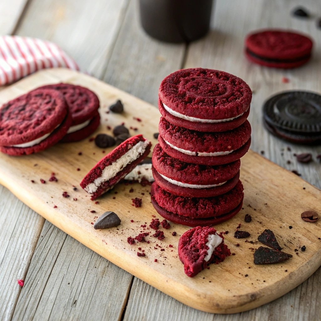 Red velvet cake Oreo cookies stacked