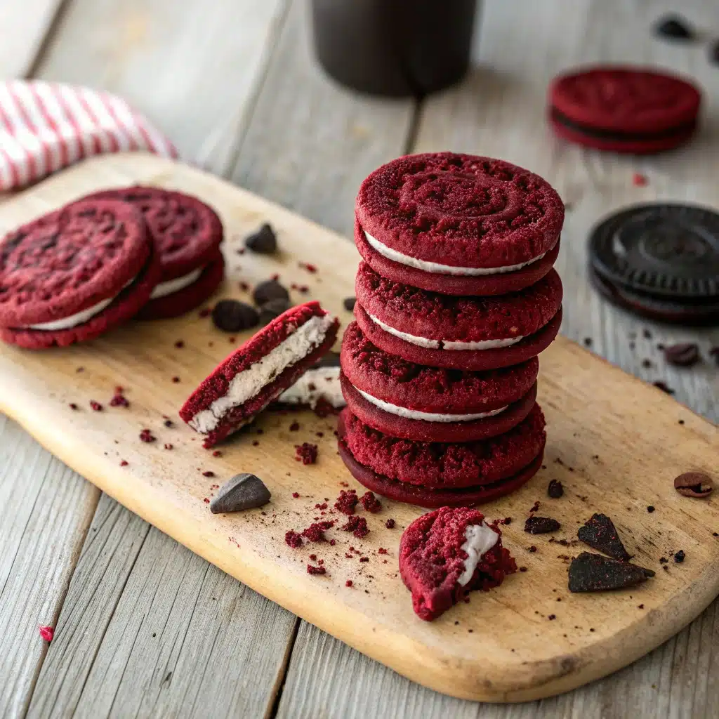 Red velvet cake Oreo cookies stacked