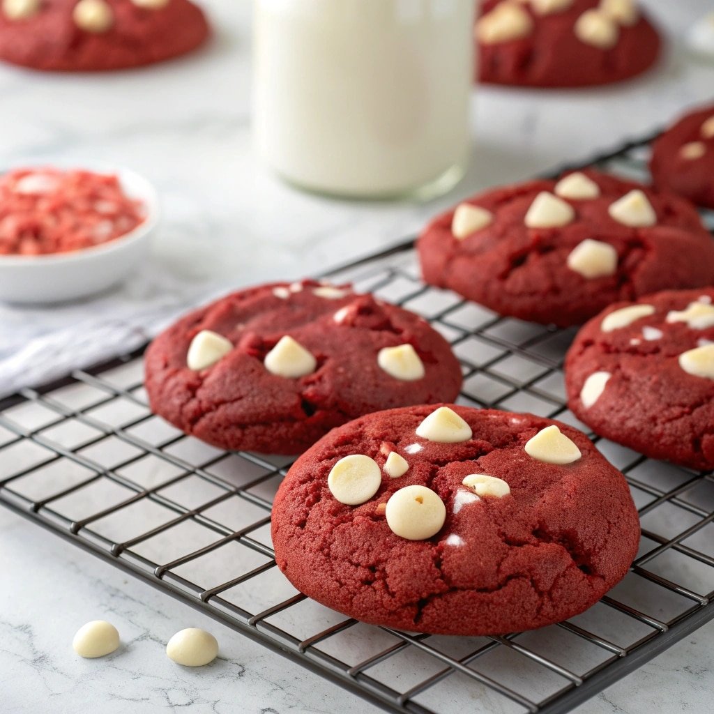 Red velvet cookies from box cake mix cooling on rack