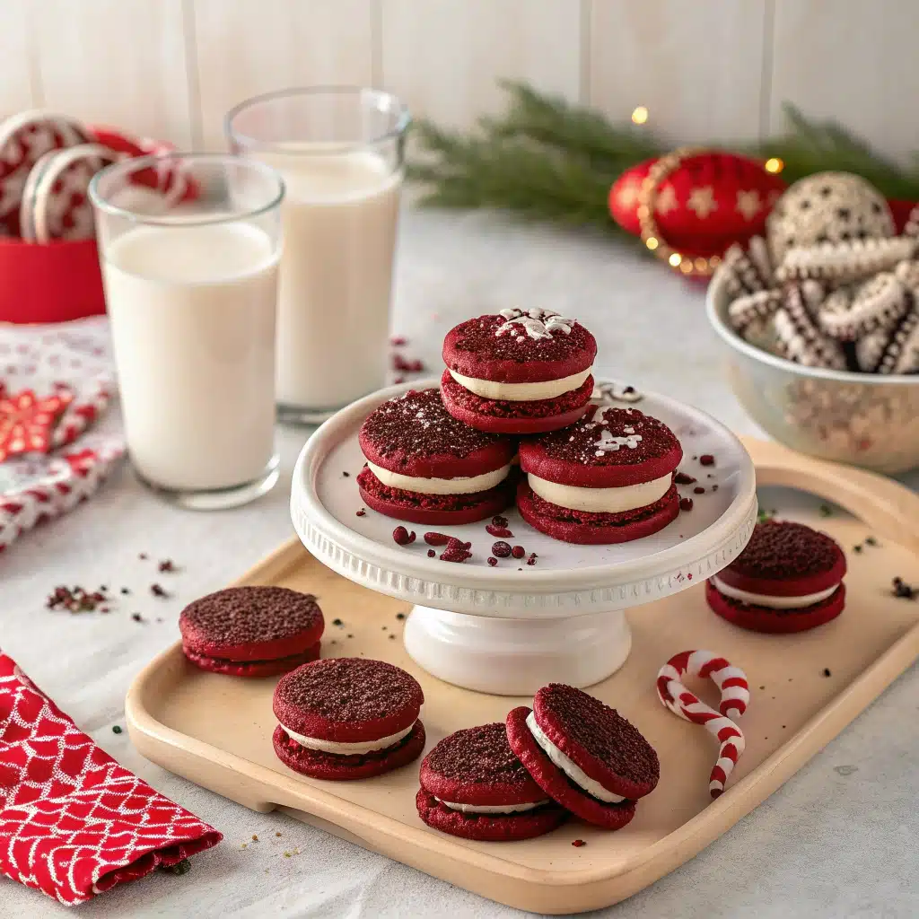 Red velvet Oreo cookies served with drinks