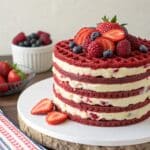 Red Velvet Waffle Cake – The Ultimate Dessert Fusion You Need to Try 7 Red velvet waffle cake layered with cream cheese frosting and berries.