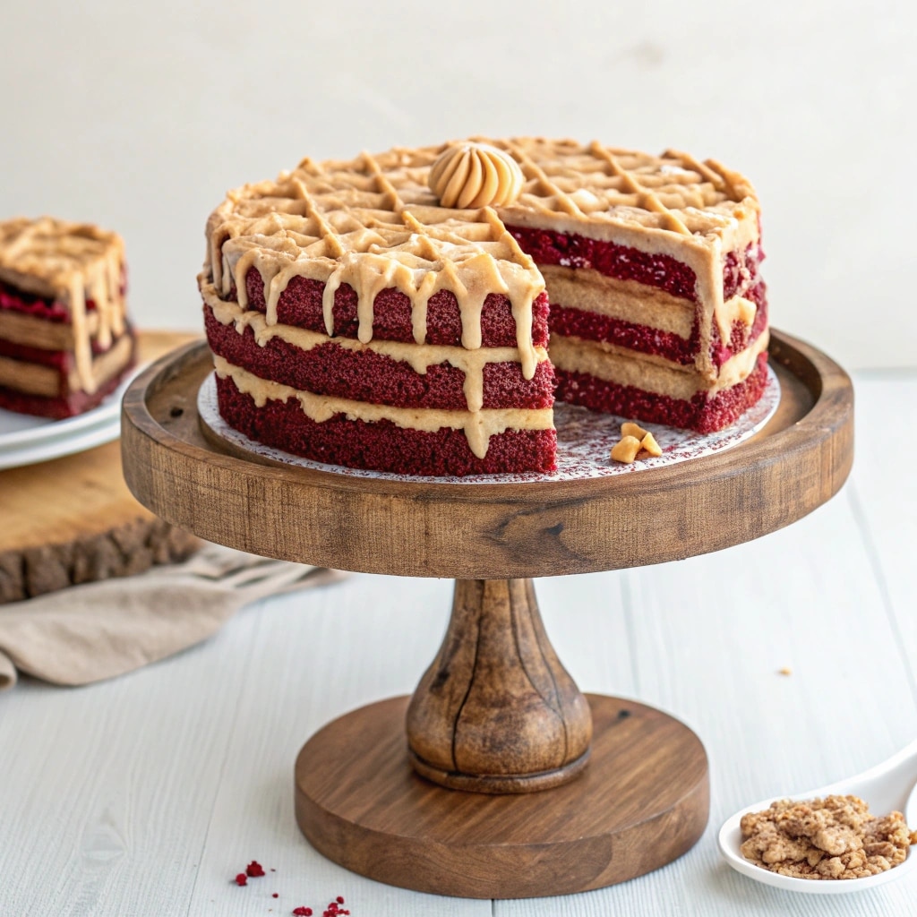 Red Velvet Waffle Cake – The Ultimate Dessert Fusion You Need to Try 8 Red velvet waffle cake with peanut butter drizzle.