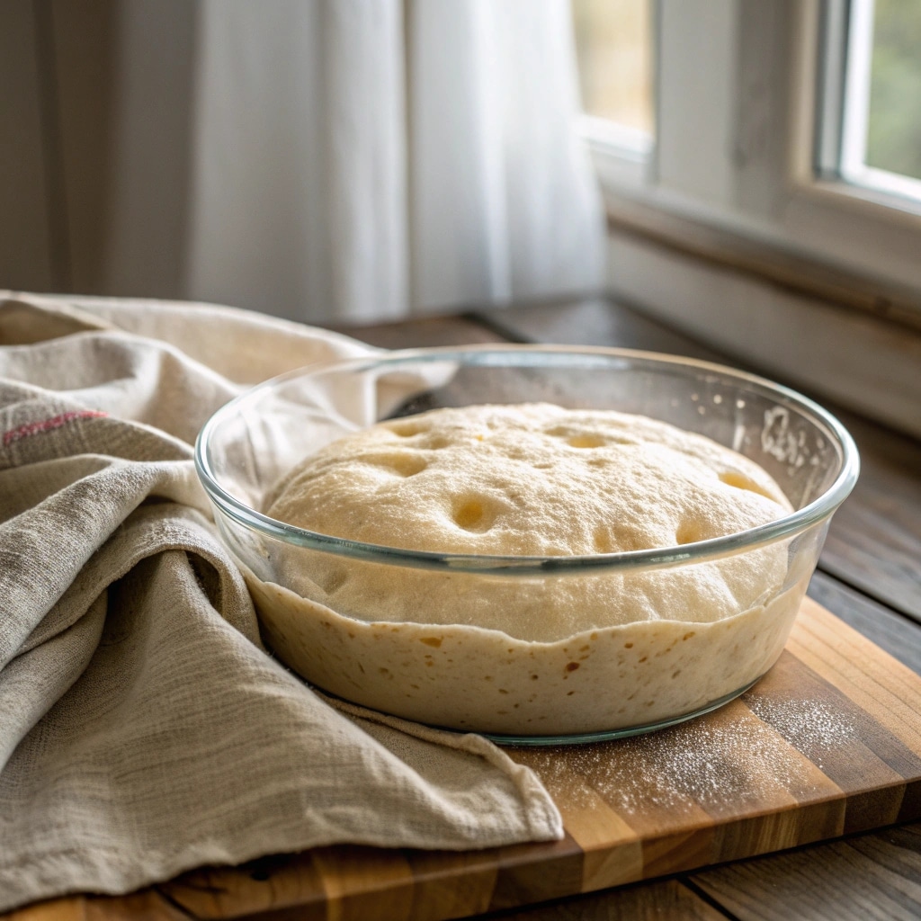Simple Focaccia Bread – Easy, No-Knead & Beginner-Friendly 9 risen focaccia dough in glass bowl on wooden counter