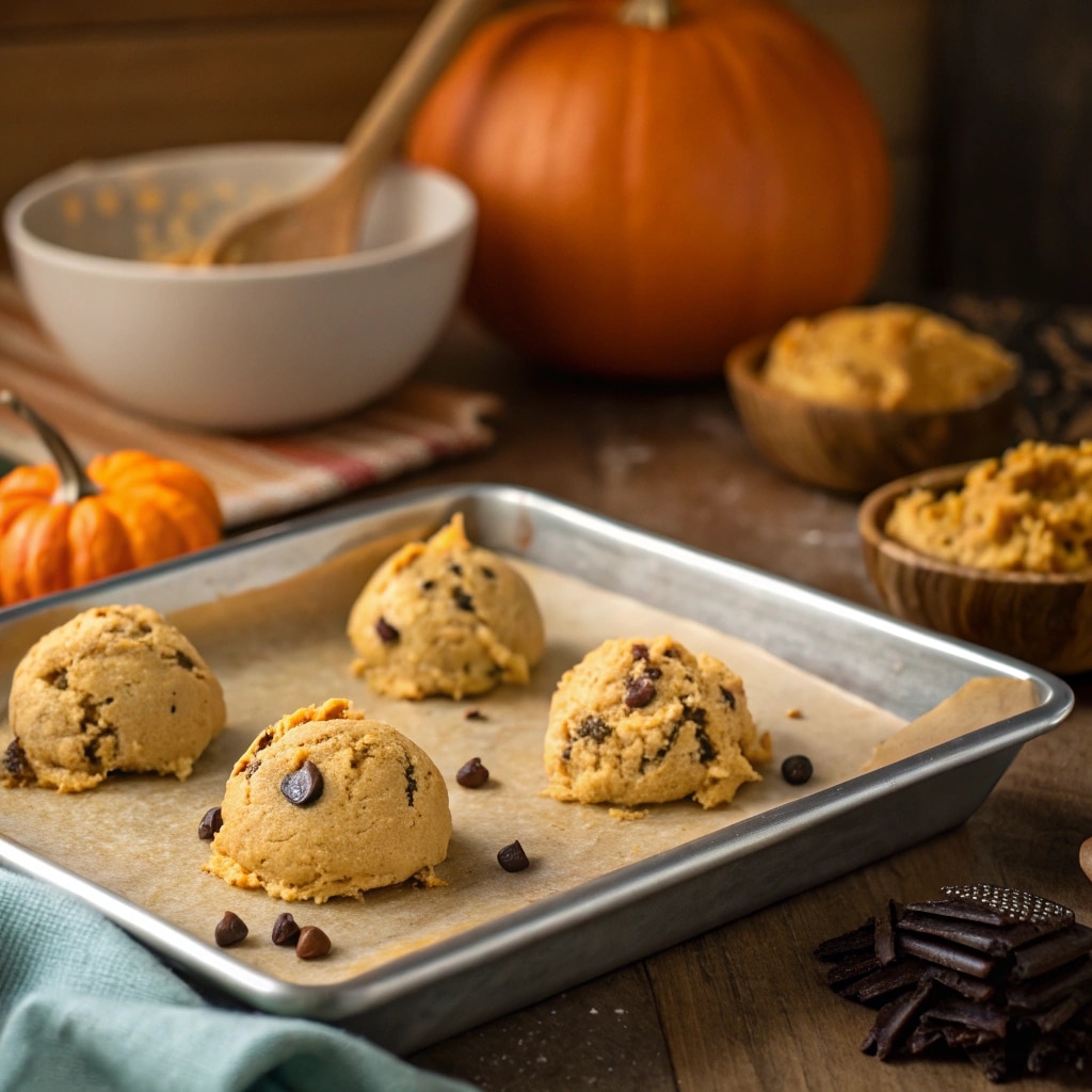 Chocolate Chip Pumpkin Cookies – Soft, Chewy & Loaded with Fall Flavor 8 Scooping chocolate chip pumpkin cookie dough onto tray