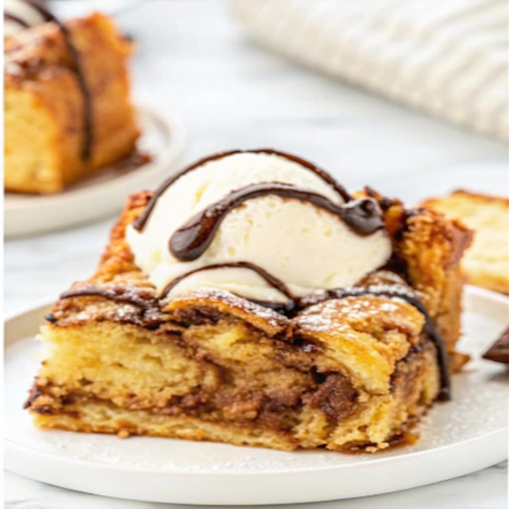 Croissant Nutella Bread Pudding – Decadent Brunch Dessert 11 Served portion of Nutella croissant bread pudding