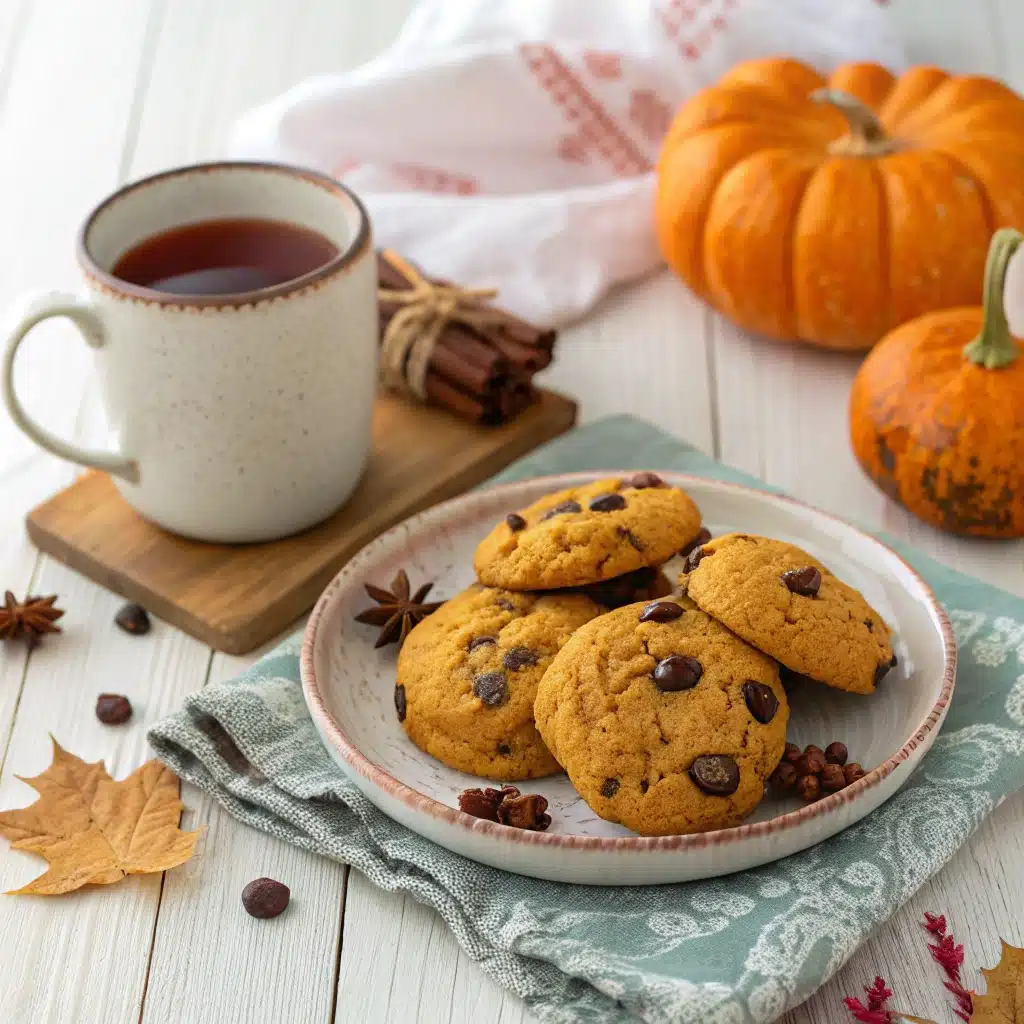 Served chocolate chip pumpkin cookies with tea on a fall table