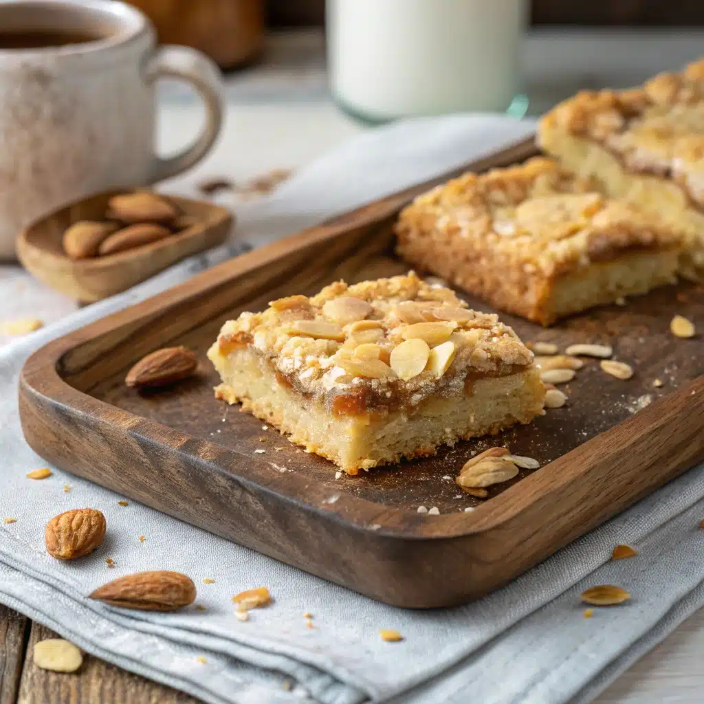 Almond croissant cookie bars on wooden tray