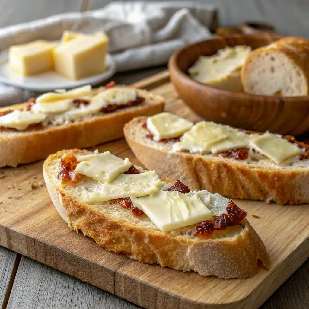 Serving sourdough baguette slices with cheese and butter