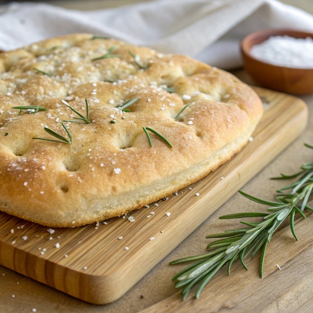 Simple focaccia bread with golden crust and rosemary