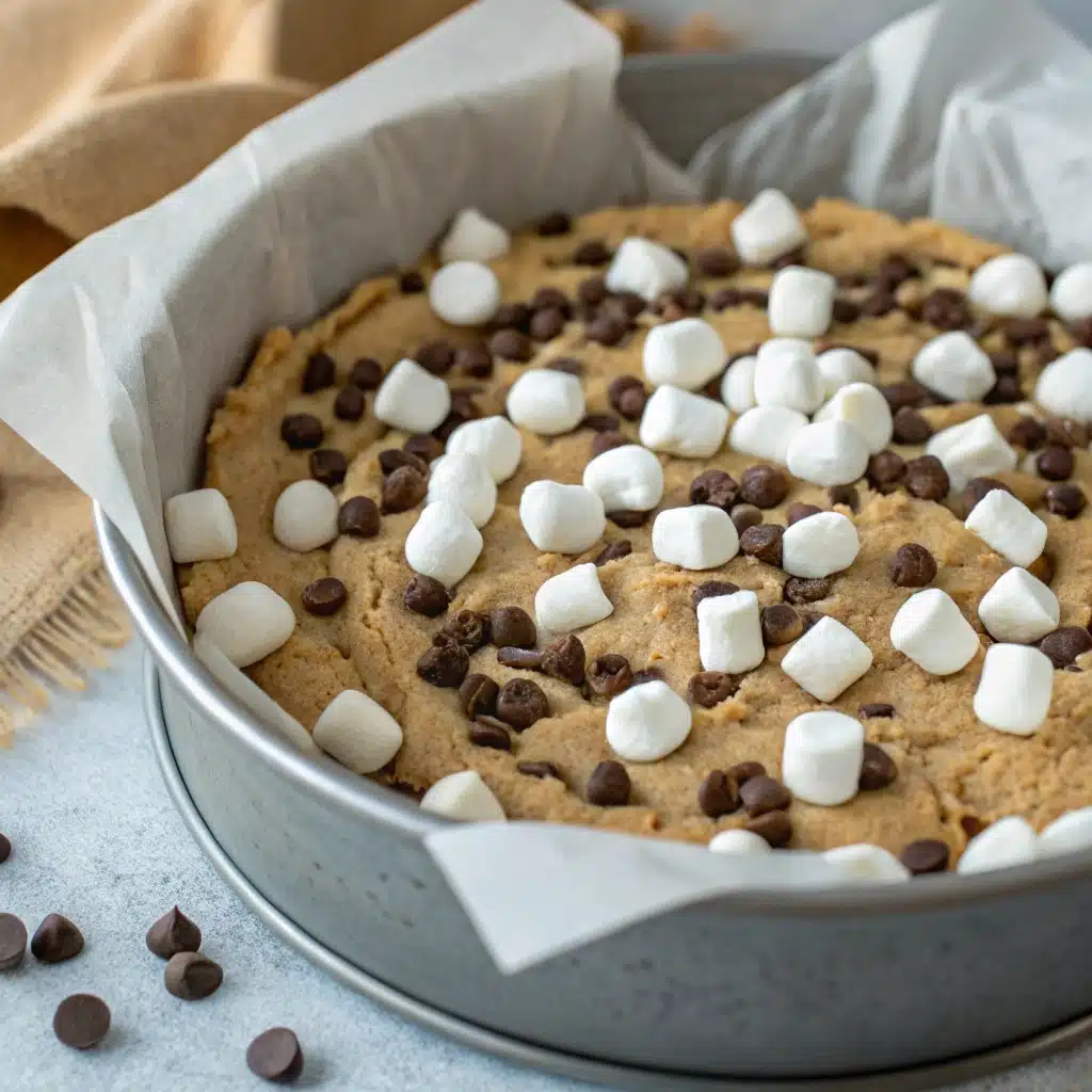 layering smore cookie cake dough with chocolate and marshmallows