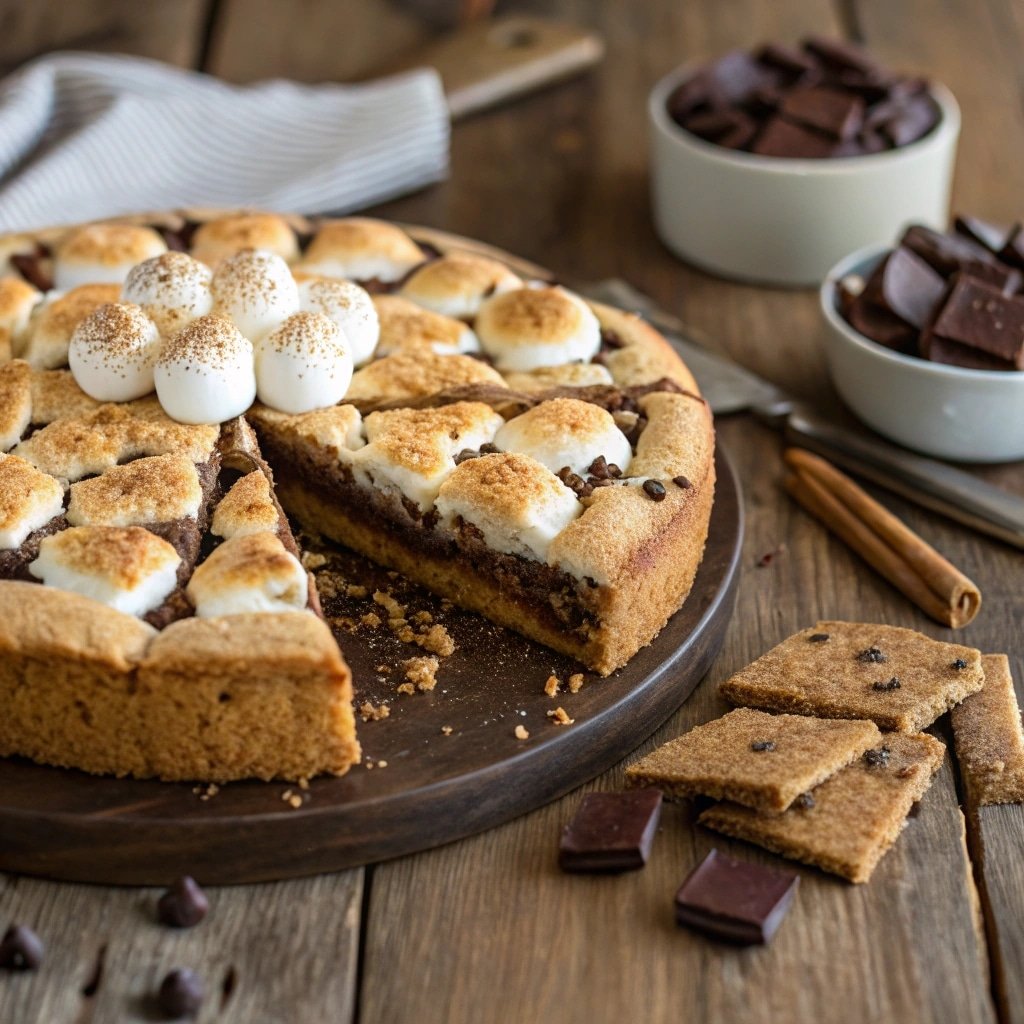 fresh smore cookie cake sliced with melted chocolate