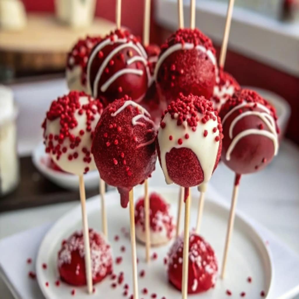 bloody red velvet cake pops with white chocolate and red drizzle
