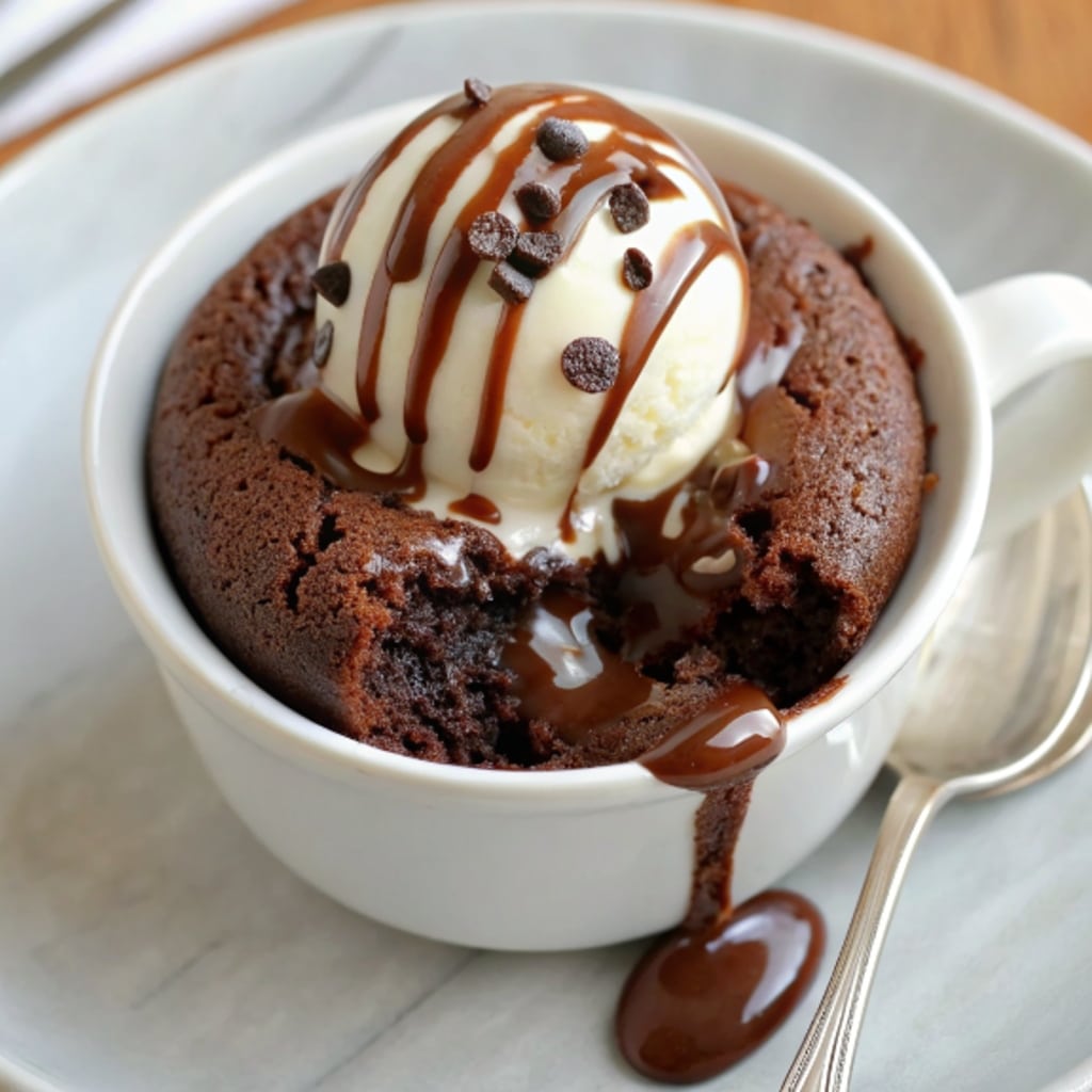 Brownie Mug Cake – Gooey Chocolate in 5 Minutes 6 brownie mug cake served with ice cream and caramel