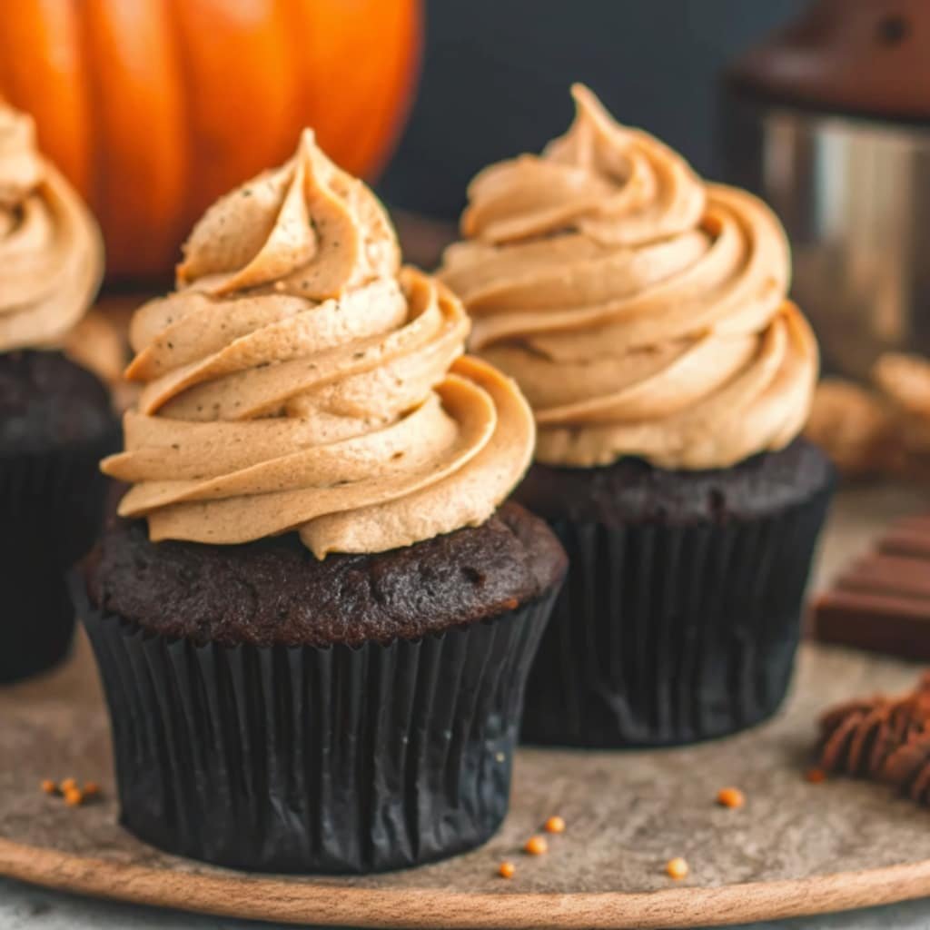 Chocolate Pumpkin Cupcakes with cream cheese frosting