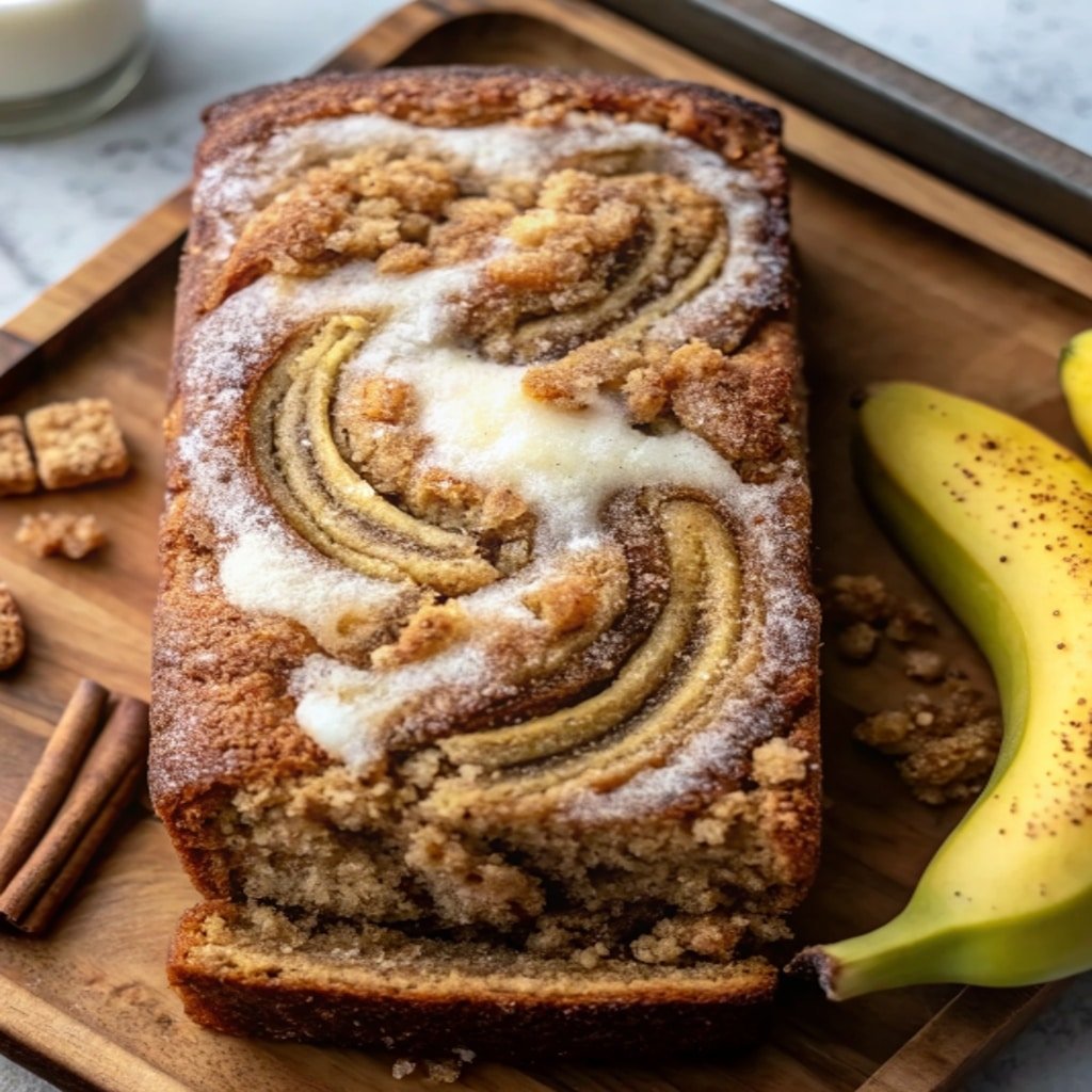 Cinnamon Swirl Banana Bread sliced with visible cinnamon ribbon