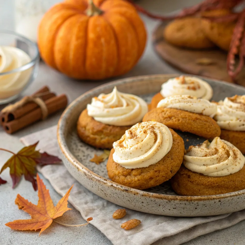 Pumpkin Cookies with Cream Cheese Icing – Soft, Spiced & Frosted Perfection 11 Frosted pumpkin cookies ready to serve