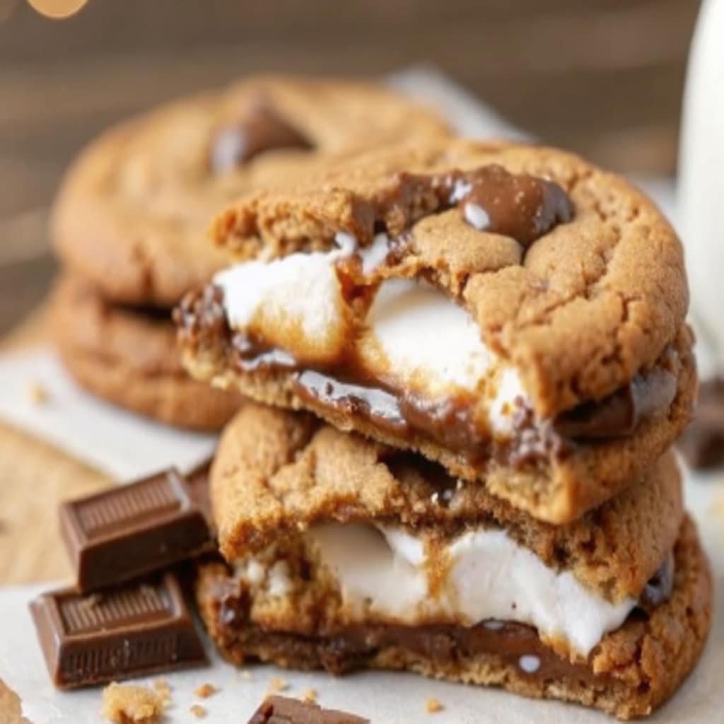 Alt Text: Easy S’mores Cookies with marshmallows and chocolate chunks
